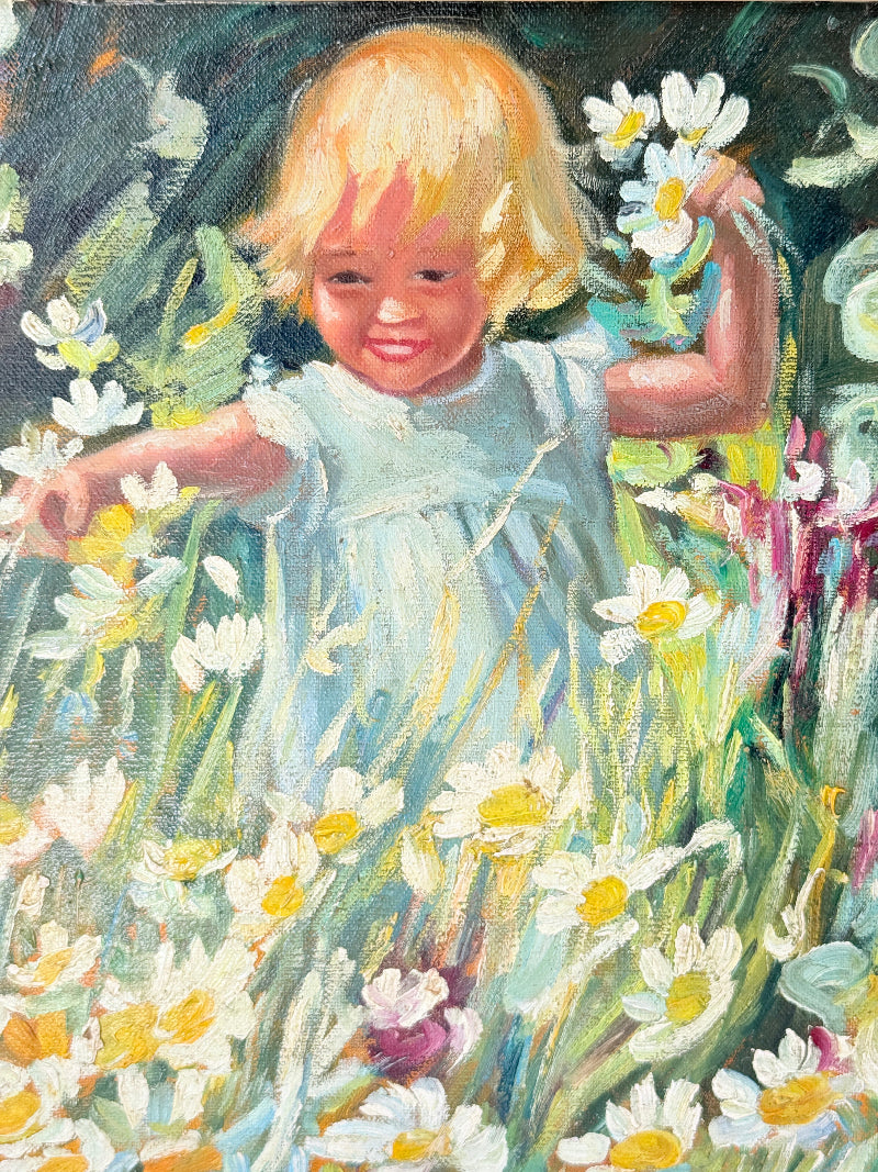Oil painting after Dorothea Sharp of a young girl picking white flowers in a meadow, distressed white wood frame