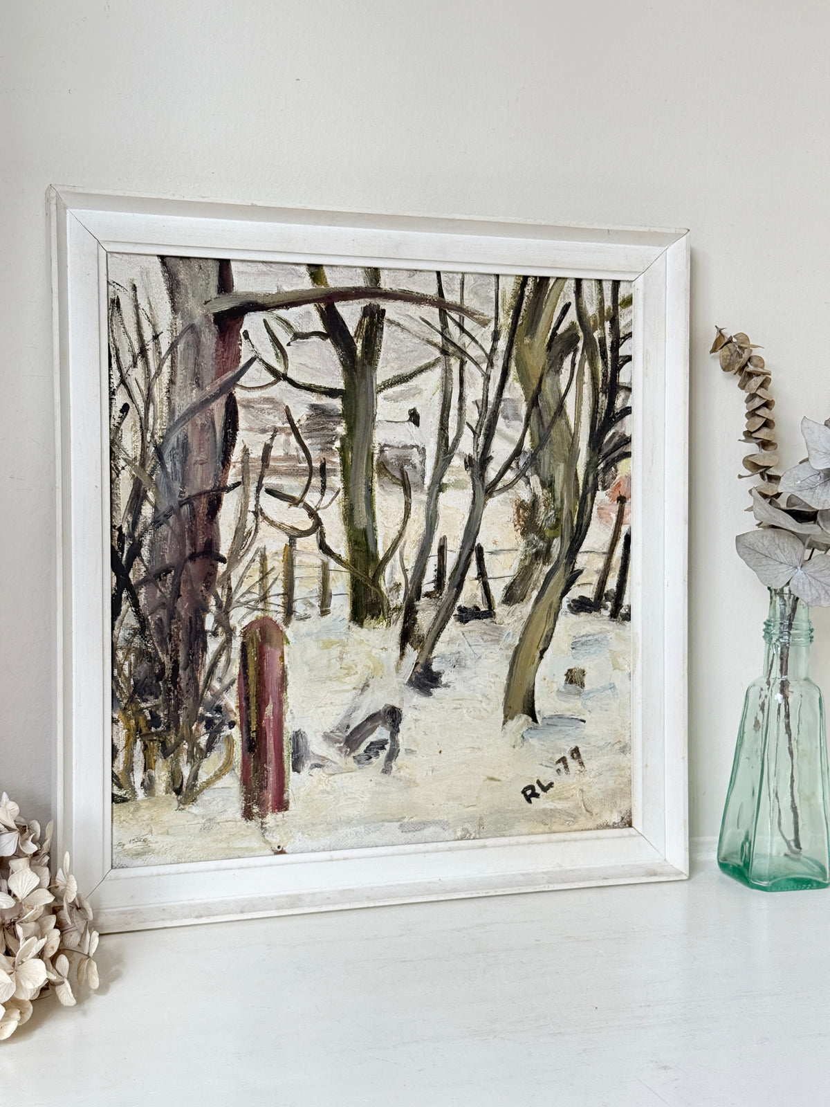 1970s Winter Woodland Oil Painting in White Frame, Signed RL 79