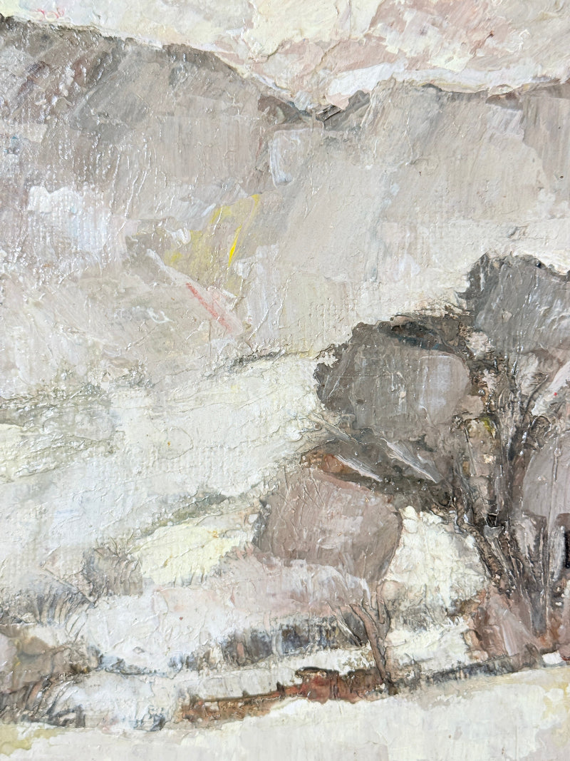 An impressionistic landscape painting featuring textured brushstrokes in shades of gray, beige, white, and brown, depicting a snowy or misty outdoor scene with dark tree forms on the right.