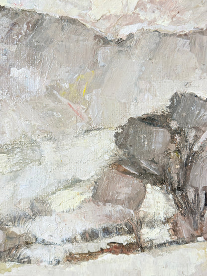 An impressionistic landscape painting featuring textured brushstrokes in shades of gray, beige, white, and brown, depicting a snowy or misty outdoor scene with dark tree forms on the right.