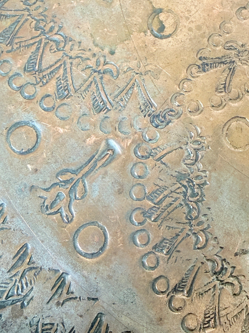 Vintage hand engraved copper tray with sunburst centre, decorative border and aged verdigris patina for wall or tabletop styling