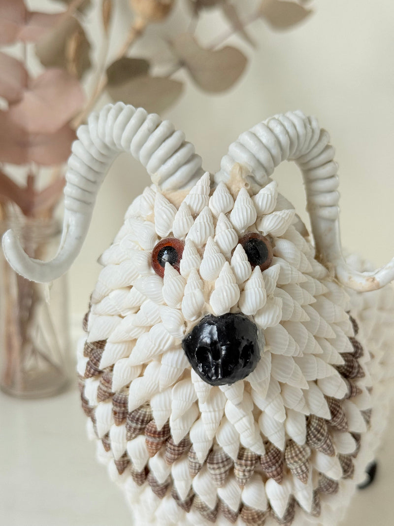 Vintage shell ram ornament in cream and brown, photographed on a white surface