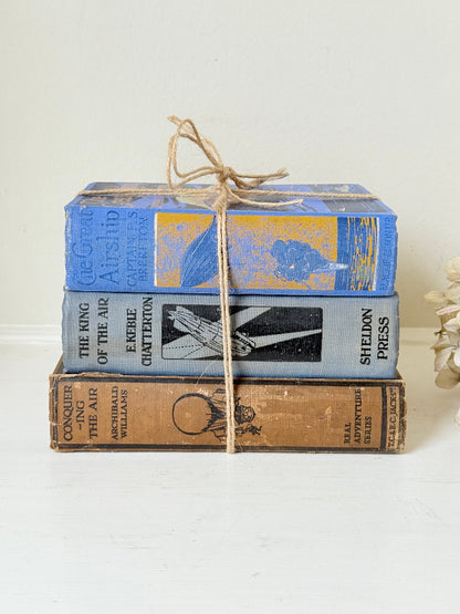 Vintage book bundle in blue, brown, and cream with printed lettering, tied with twine, photographed on a white surface