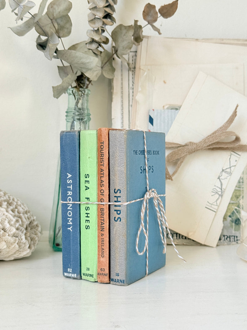 A set of four vintage-style hardcover books tied together with twine, standing upright on a white surface. The spines are blue, green, orange, and gray, with titles including &