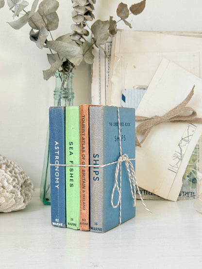 A set of four vintage-style hardcover books tied together with twine, standing upright on a white surface. The spines are blue, green, orange, and gray, with titles including &