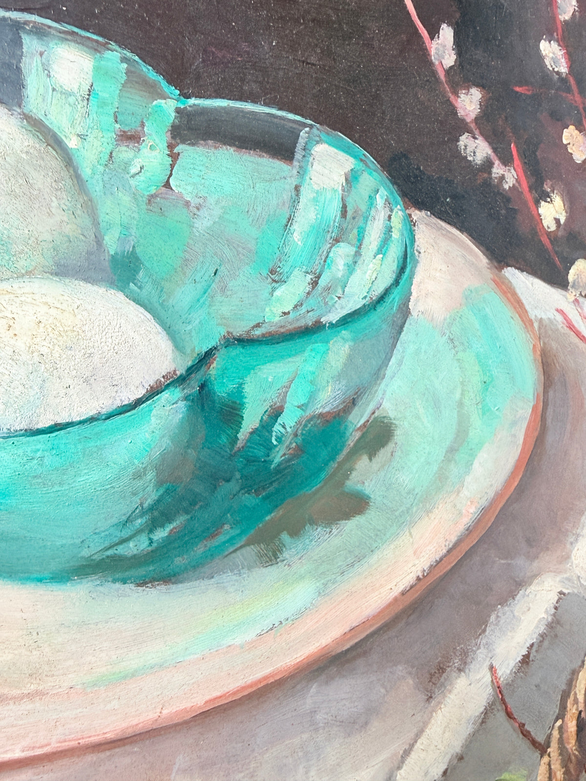 Mid Century Still Life Oil Painting in Jade and Burgundy, Eggs and Pussy Willow