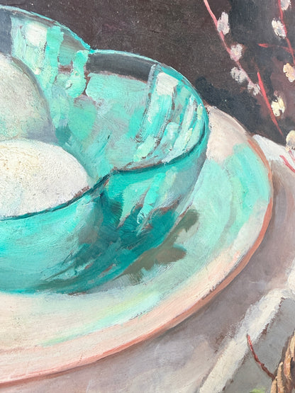 Mid Century Still Life Oil Painting in Jade and Burgundy, Eggs and Pussy Willow
