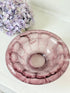 Davidson Art Deco smoky amethyst glass bowl, medium size with scalloped rim, photographed on white surface