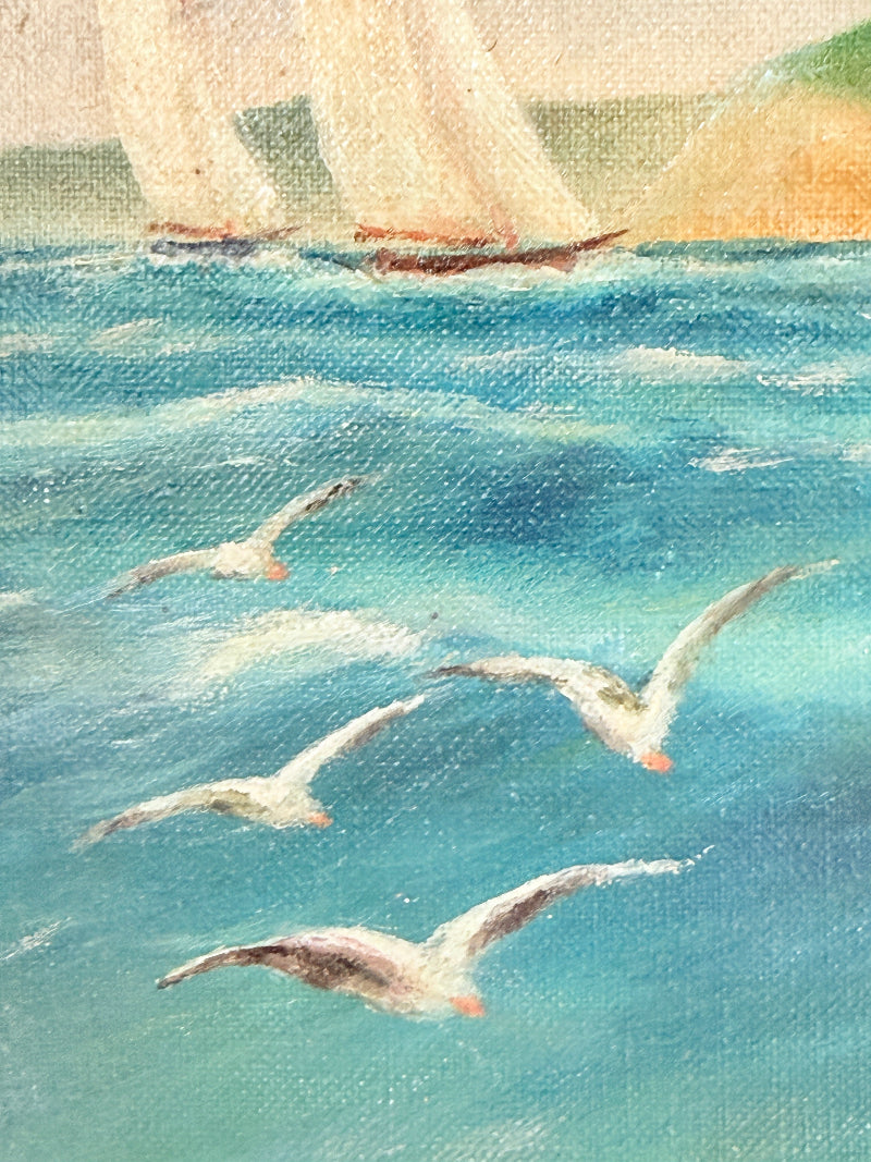 A close-up of a painted seascape showing turquoise-blue water with several white gulls in flight and the tops of sailboats in the distance.