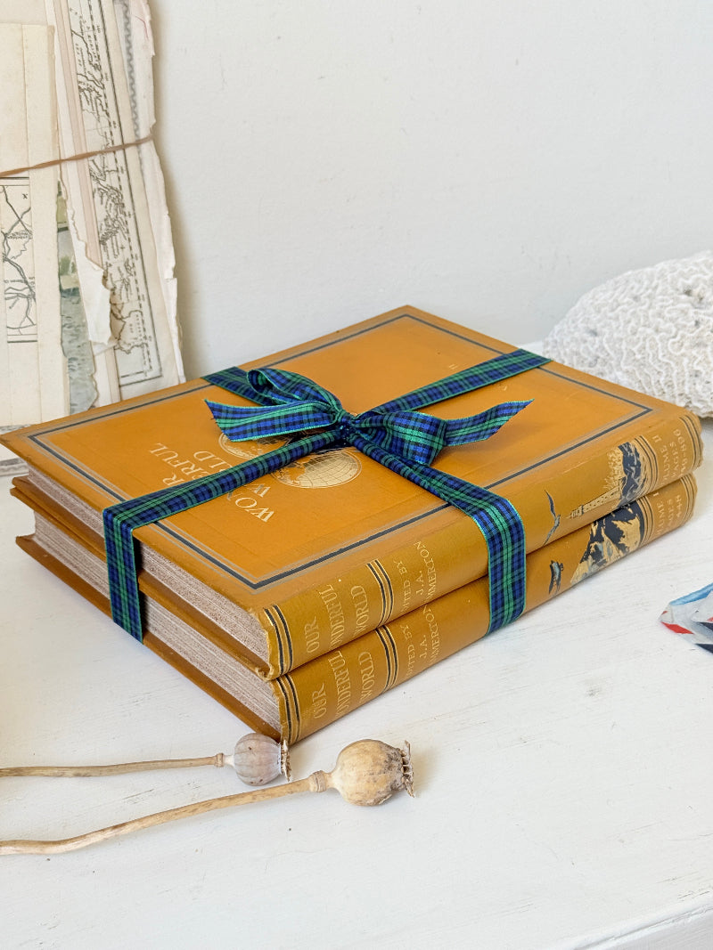 Pair of vintage Our Wonderful World books edited by J. A. Hammerton, volumes I and II, with mustard cloth covers and gilt detail