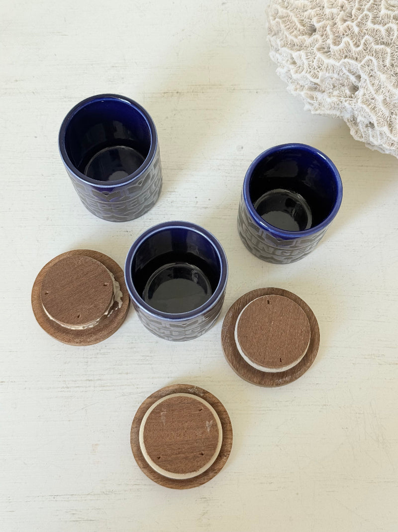 Set of three Hornsea Pottery spice jars in cobalt blue with wooden lids, labelled Ginger, Nutmeg, and Peppercorn, photographed on white surface

