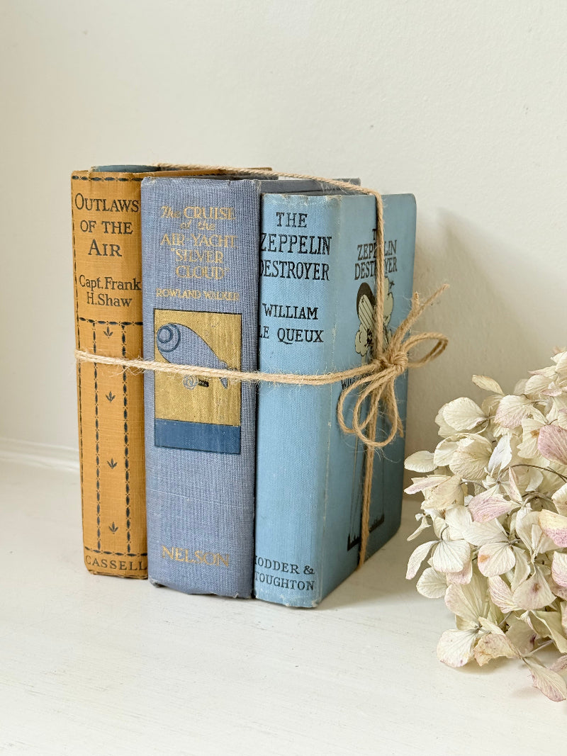 Vintage decorative book bundle in blue and ochre tied with twine, photographed on a white surface