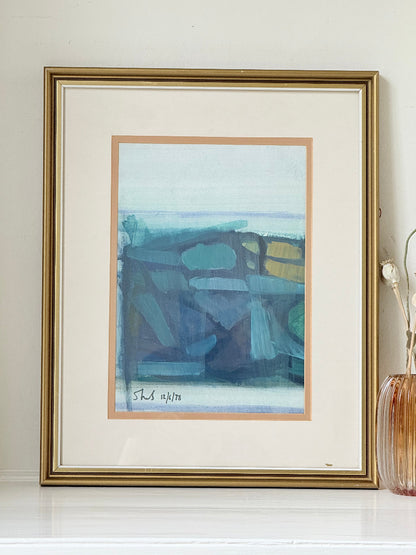 1970s framed abstract watercolour and gouache painting titled Rock Pools St Ives by Shields, photographed on white surface

