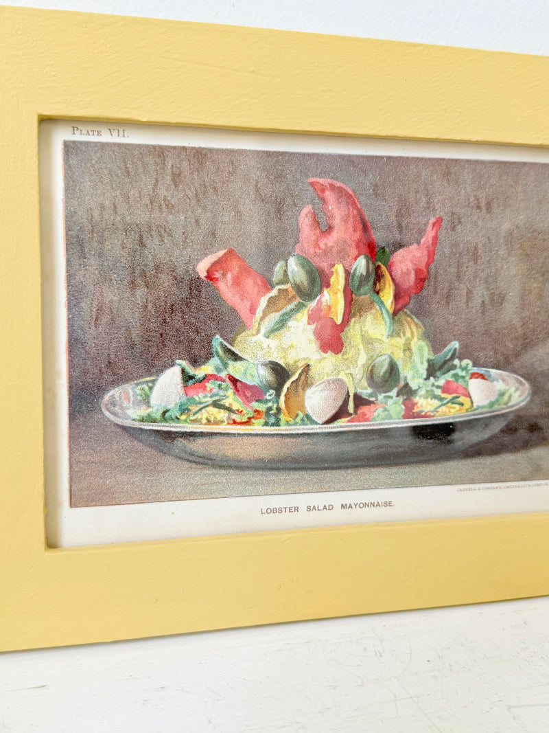 Framed antique Victorian cookery illustration from Cassell’s New Universal Cookery Book showing Lobster Salad Mayonnaise