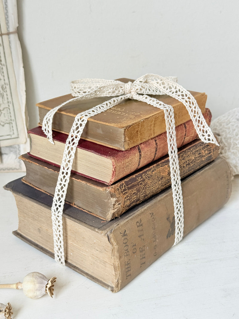 Antique decorative book bundle with faded hardback covers, aged pages and neutral lace tie for vintage interior styling