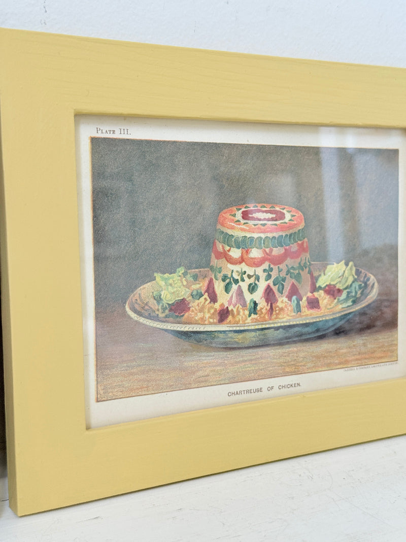 Framed antique Victorian cookery illustration from Cassell’s New Universal Cookery Book showing Chartreuse of Chicken
