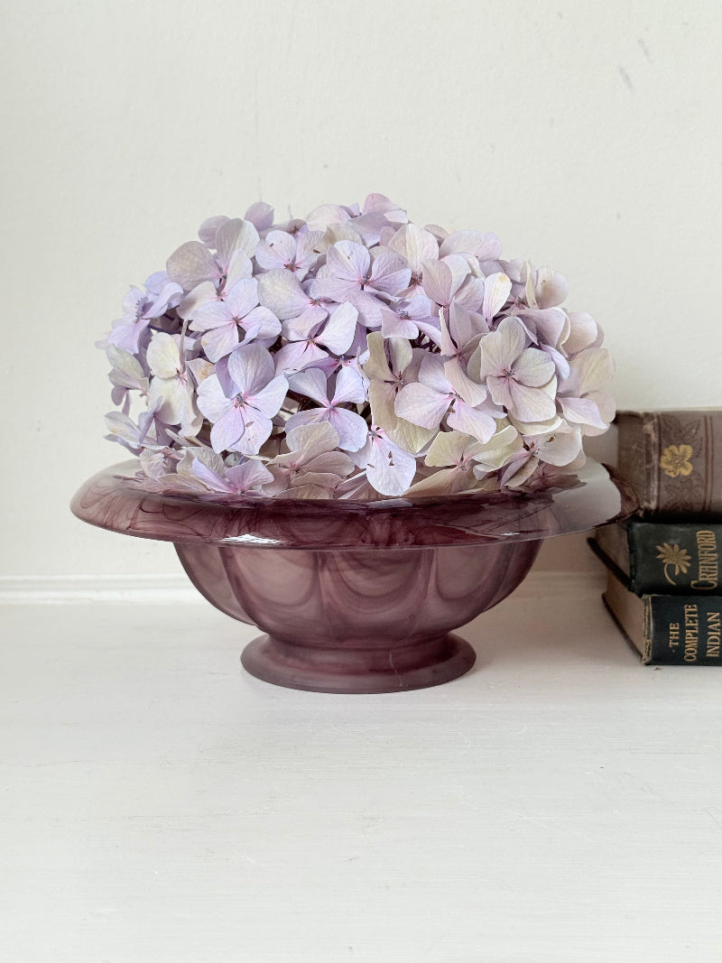 Davidson Art Deco smoky amethyst glass bowl, medium size with scalloped rim, photographed on white surface
