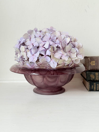 Davidson Art Deco smoky amethyst glass bowl, medium size with scalloped rim, photographed on white surface