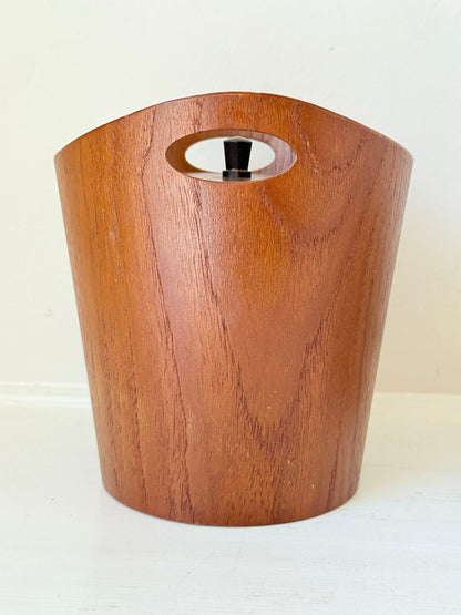 Vintage Swedish teak ice bucket with lid and white liner, photographed on a white surface
