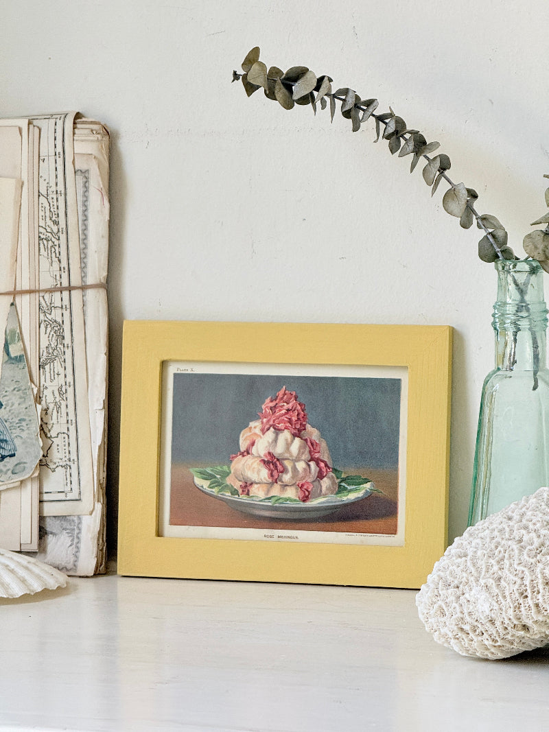 Framed antique Victorian cookery illustration from Cassell’s New Universal Cookery Book showing Rose Meringue dessert