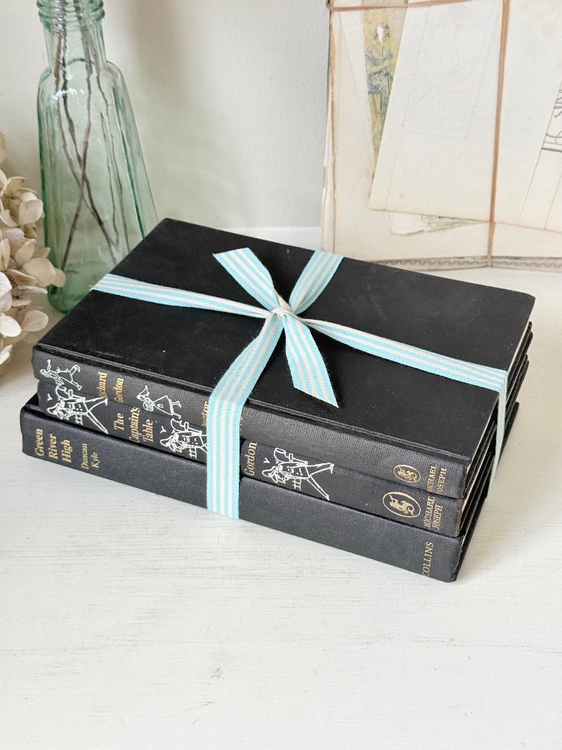 Three antique black books with decorative spines tied with a striped cotton ribbon on a white surface, styled with glass bottles