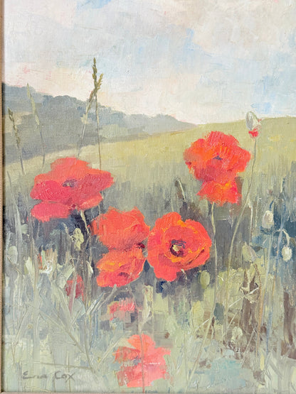 Original oil painting of a red poppy field at Maplescombe Valley in Kent, signed, in a limed wood frame