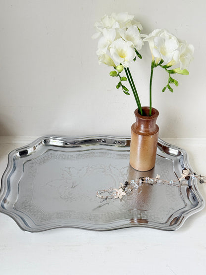Vintage Swan Brand Cromalin chromium plated serving tray made in England with shaped edge and embossed floral detail