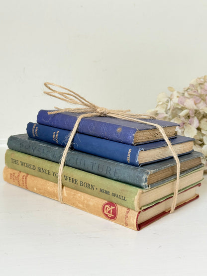 Vintage decorative book bundle in blue and green tied with twine, photographed on a white surface