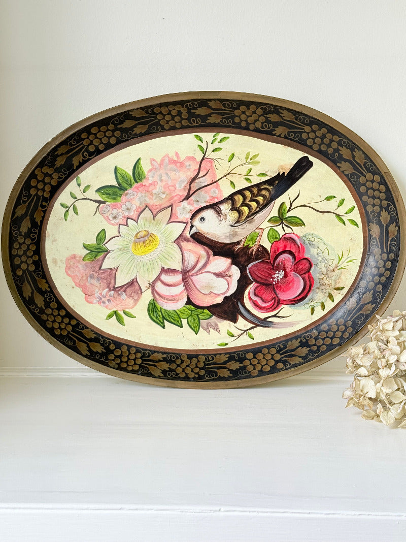 vintage hand painted metal tray with bold floral design in pink, red, white and gold border