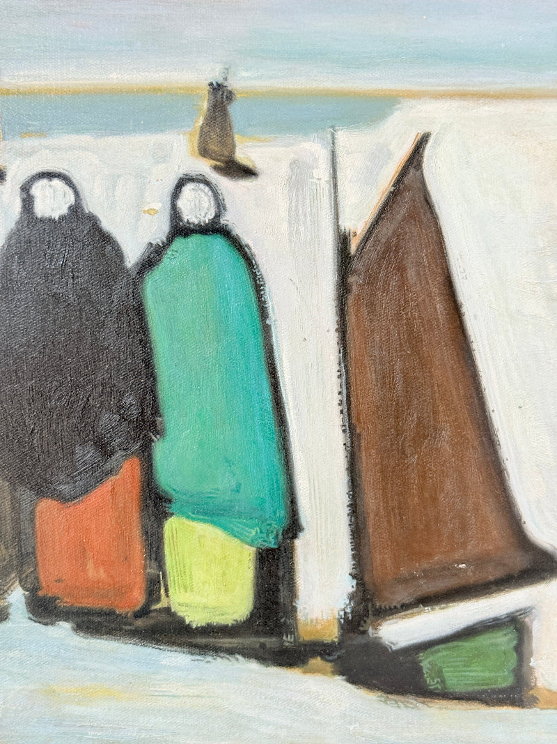 Markey Robinson style signed oil on board of shawled figures and boats in green and orange on a shore