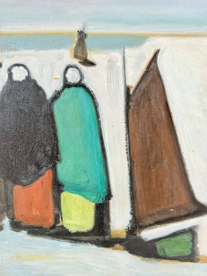 Markey Robinson style signed oil on board of shawled figures and boats in green and orange on a shore