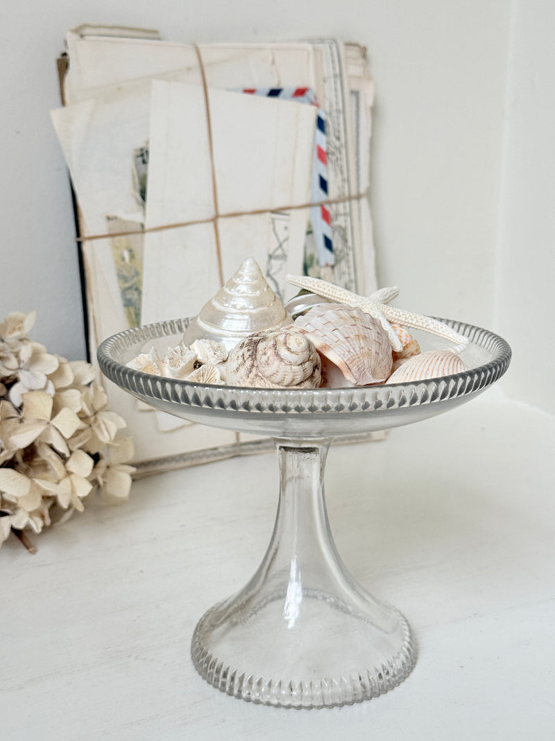 A clear glass pedestal plate with a scalloped rim, styled with seashells and starfish, set against a background of vintage postcards and dried flowers.