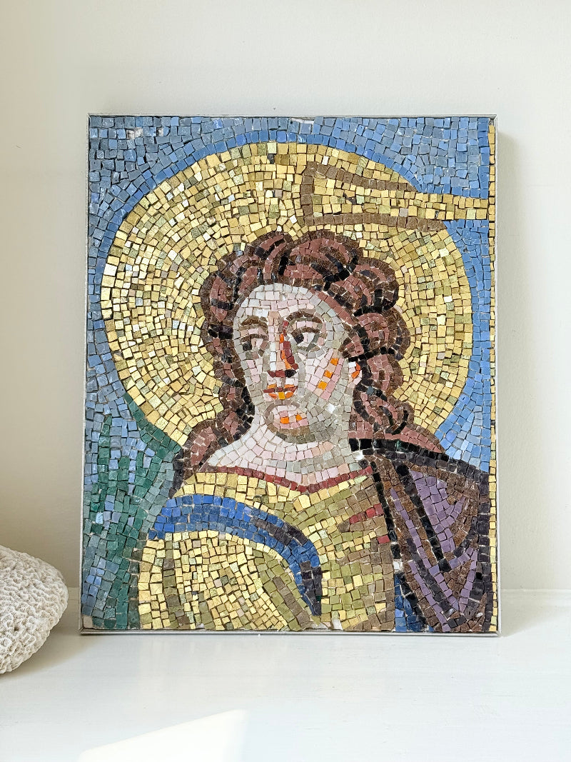 Vintage Mosaic Artwork of a Saint or Angel in Gold and Blue Robes