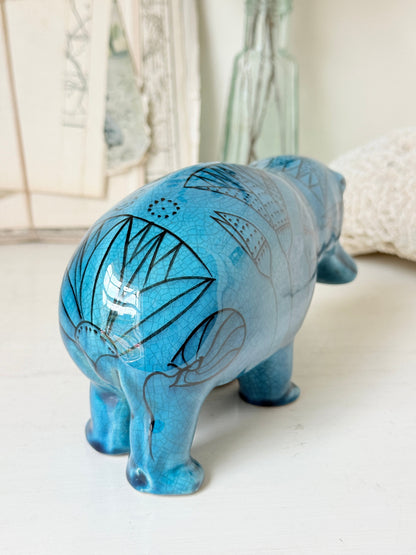 Official Metropolitan Museum William the Hippo reproduction, blue Egyptian figurine with black lotus decoration