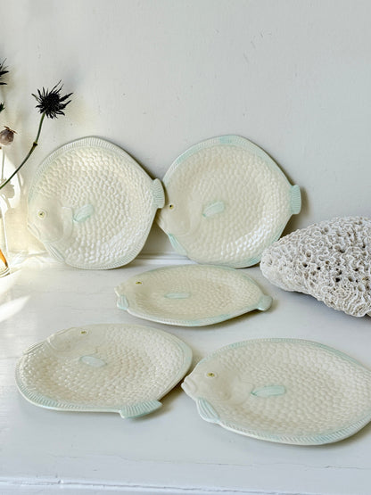 Set of five vintage Shorter and Son fish side plates in cream with pale green detail, photographed on a white surface