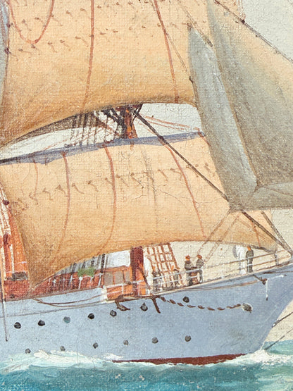 A close-up artwork of a sailing ship with large tan sails, a light blue hull, and blue-green water, shown in a textured painterly style.