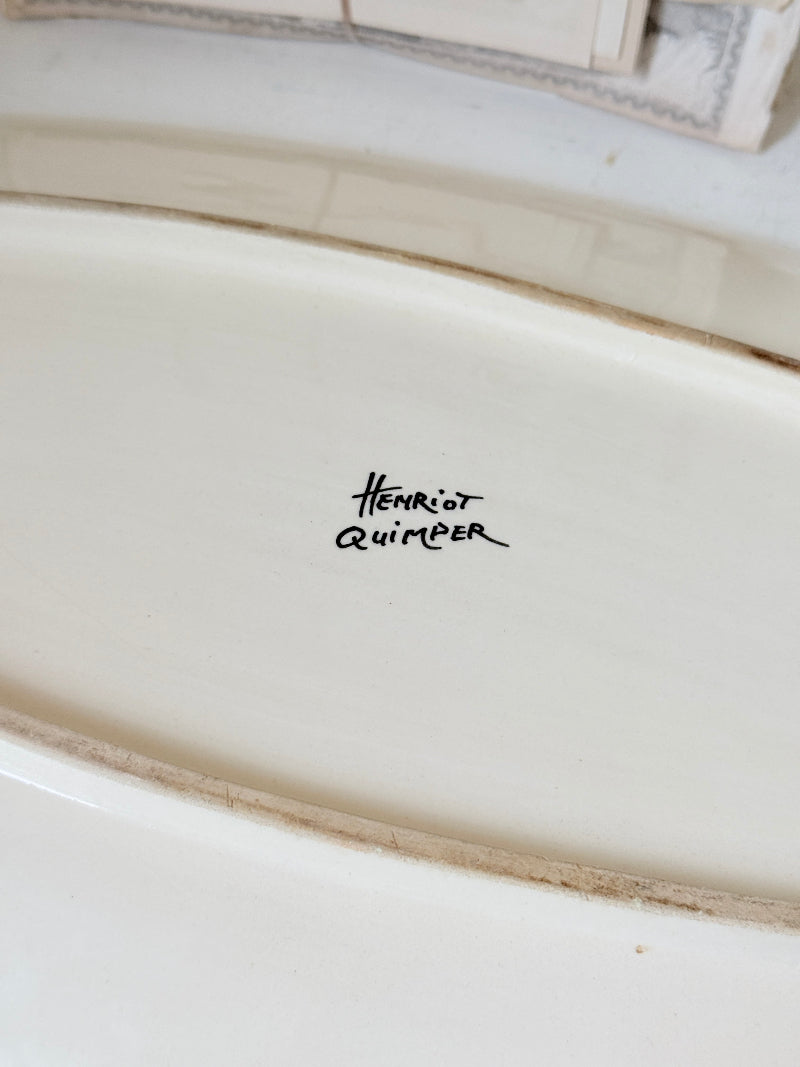 Vintage Henriot Quimper oval faience platter with hand painted seashells, starfish, seaweed and black ground decoration