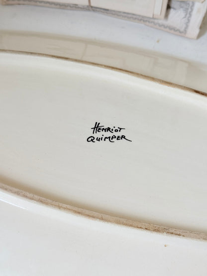 Vintage Henriot Quimper oval faience platter with hand painted seashells, starfish, seaweed and black ground decoration