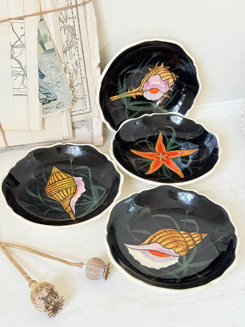 Set of 4 vintage Henriot Quimper faience plates with hand painted shells, starfish, seaweed and black ground decoration