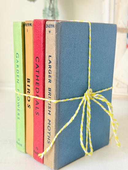 A set of four vintage hardcover book spines tied together with yellow and white twine, displayed on a light surface. The books are colored green, orange, red, and blue, with black printed titles including &