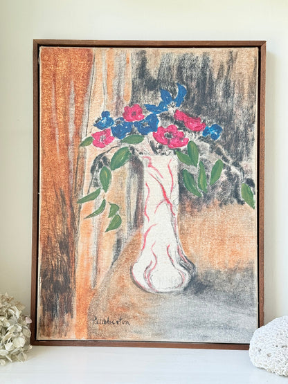 Still life of red and blue anemones in vase, mid-century charcoal and mixed media artwork signed Pemberton