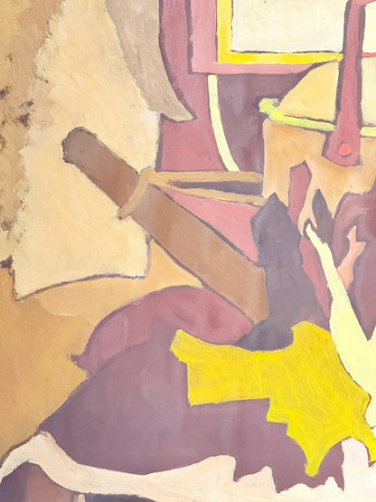 Mid century still life with watering can, oil on paper mounted on board, in ochre and plum tones, photographed on a white surface.
