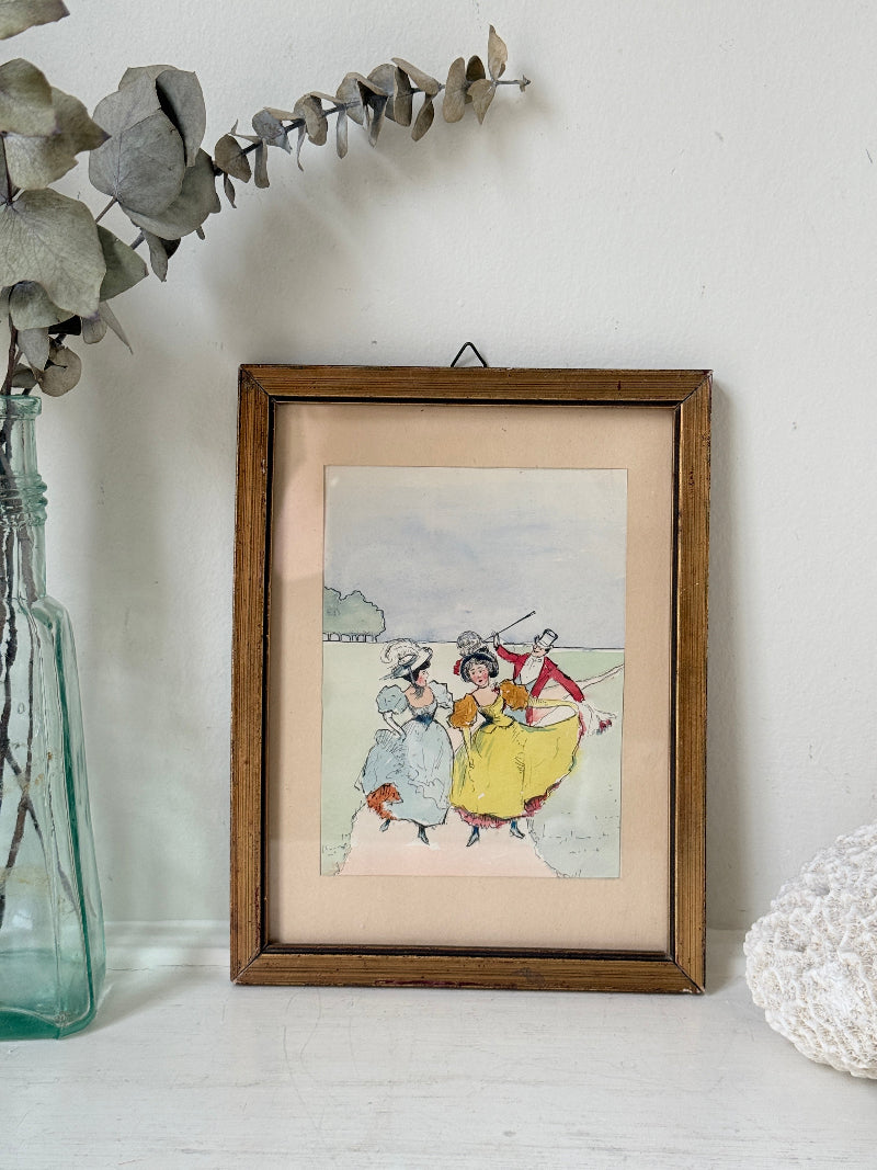 Cheeky colourful watercolour of a gentleman and ladies in period costume, in a wooden frame