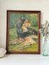 Oil on board portrait of a black and golden long haired dog on grass by Muriel Hester Broughton