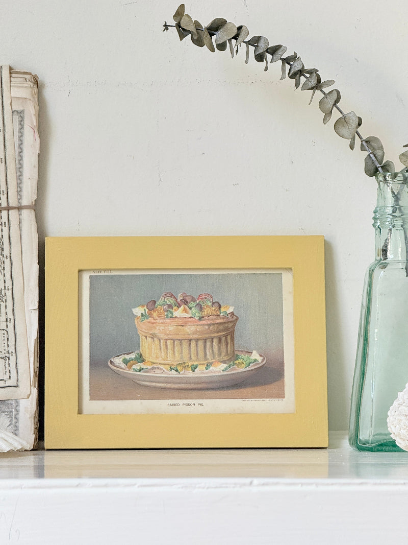 Framed antique Victorian cookery illustration from Cassell’s New Universal Cookery Book showing Raised Pigeon Pie