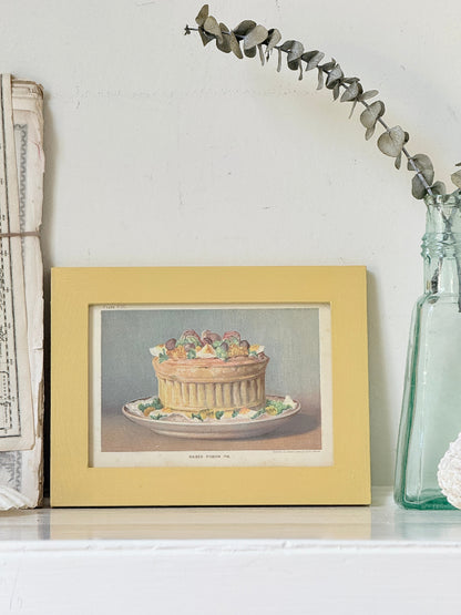 Framed antique Victorian cookery illustration from Cassell’s New Universal Cookery Book showing Raised Pigeon Pie