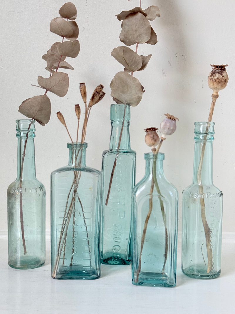 Set of five antique aqua glass bottles with embossed lettering, photographed on a white surface with dried stems