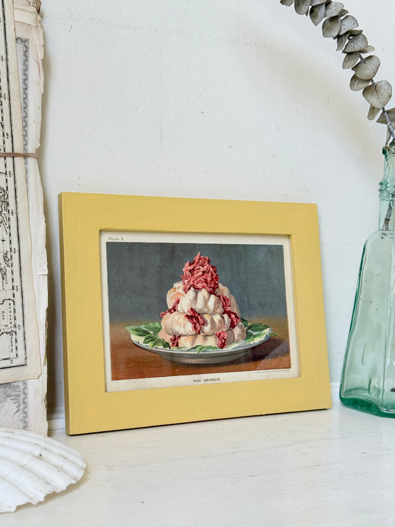 Framed antique Victorian cookery illustration from Cassell’s New Universal Cookery Book showing Rose Meringue dessert
