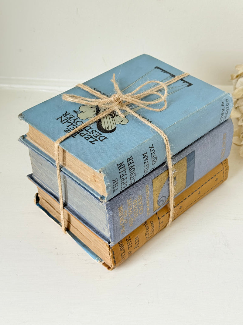 Vintage decorative book bundle in blue and ochre tied with twine, photographed on a white surface