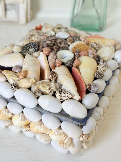 A square decorative tray or plate covered with white pebbles and assorted seashells, photographed on a light tabletop with a soft blurred background.